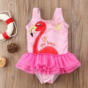 Pink Flamingo Tutu One-Piece Little Girl Swimsuit